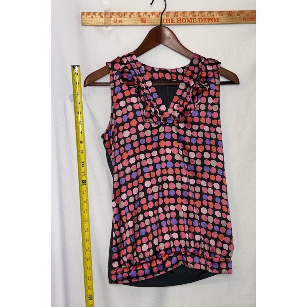 The Limited Womens Polka Dot Ruffle V Neck Sleeveless Black Pink Purple Top XS